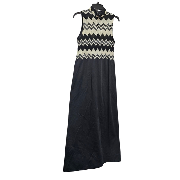 Vintage 60's Or 70's Chevron Black Cream Knit Sleeveless Maxi Dress Size S ?? - Picture 1 of 7